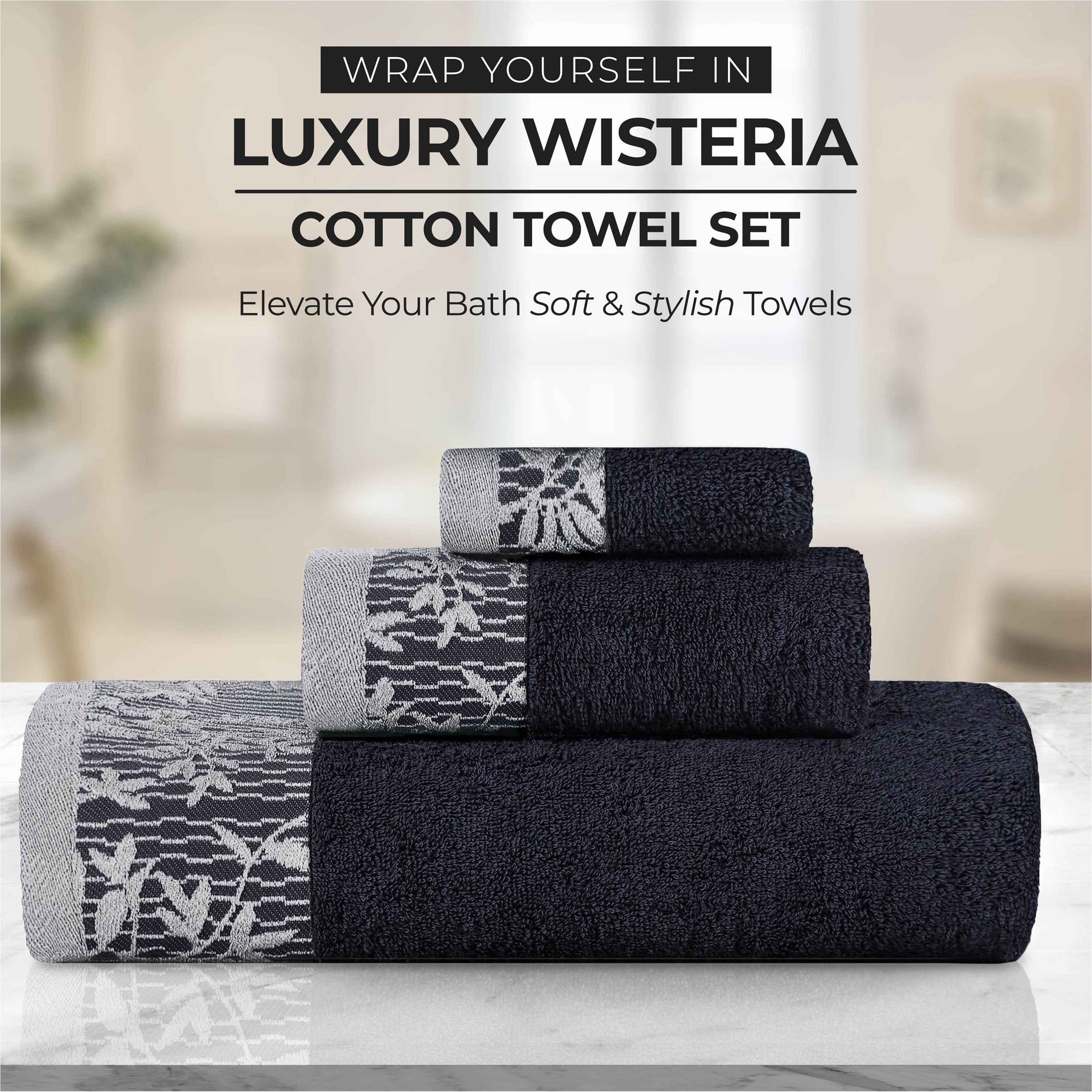 Wisteria Cotton Medium Weight Floral Jacquard Bath Towels, Set of 4