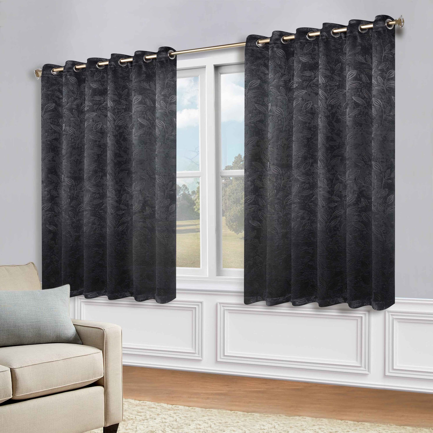 Leaves Room Darkening Grommet Blackout Curtain Panels, Set of 2 - Black