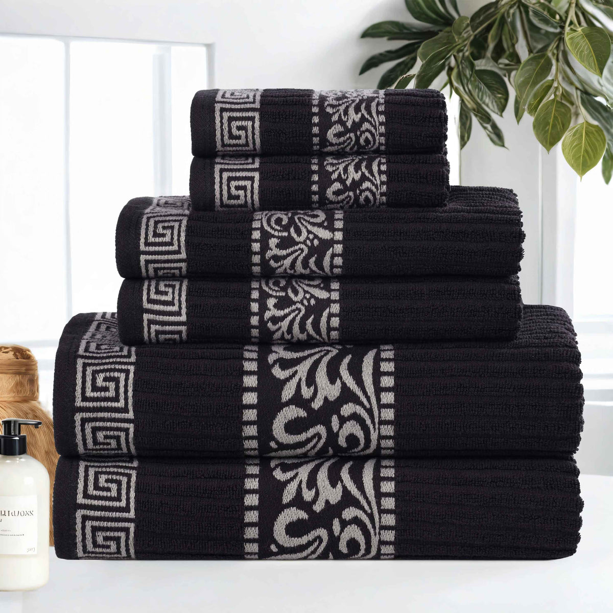 Athens Cotton Medium Weight Floral Greek Key Trim 6 Piece Towel Set