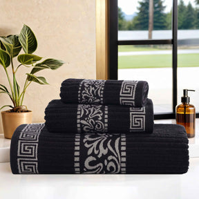 Athens Cotton Medium Weight Floral Greek Key Trim 3 Piece Towel Set