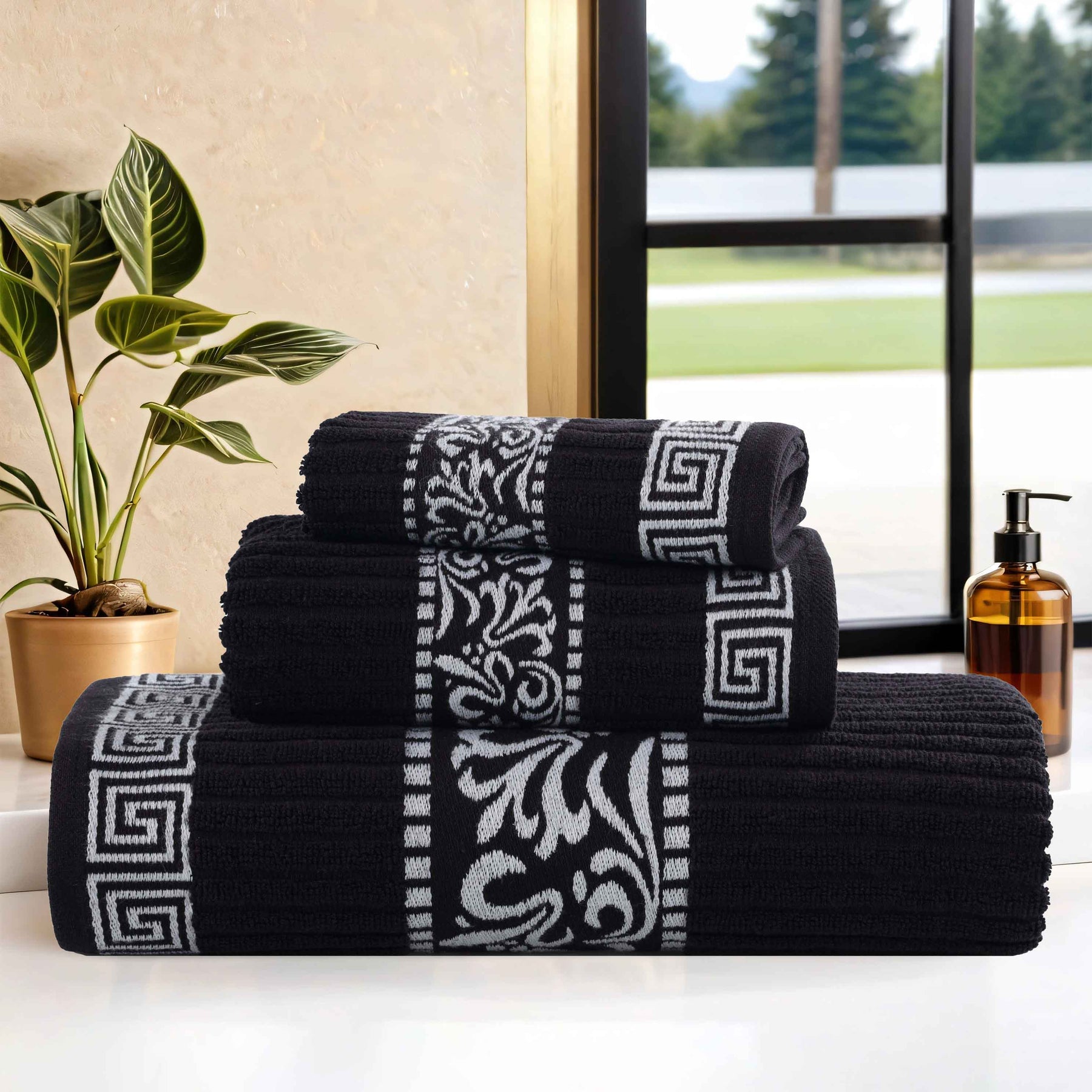 Athens Cotton Medium Weight Floral Greek Key Trim 3 Piece Towel Set