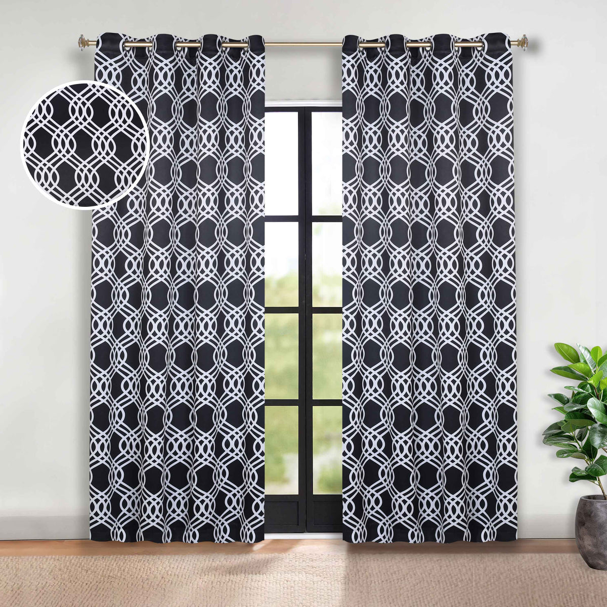 Ribbon Trellis Washable Room Darkening Blackout Curtains, Set of 2