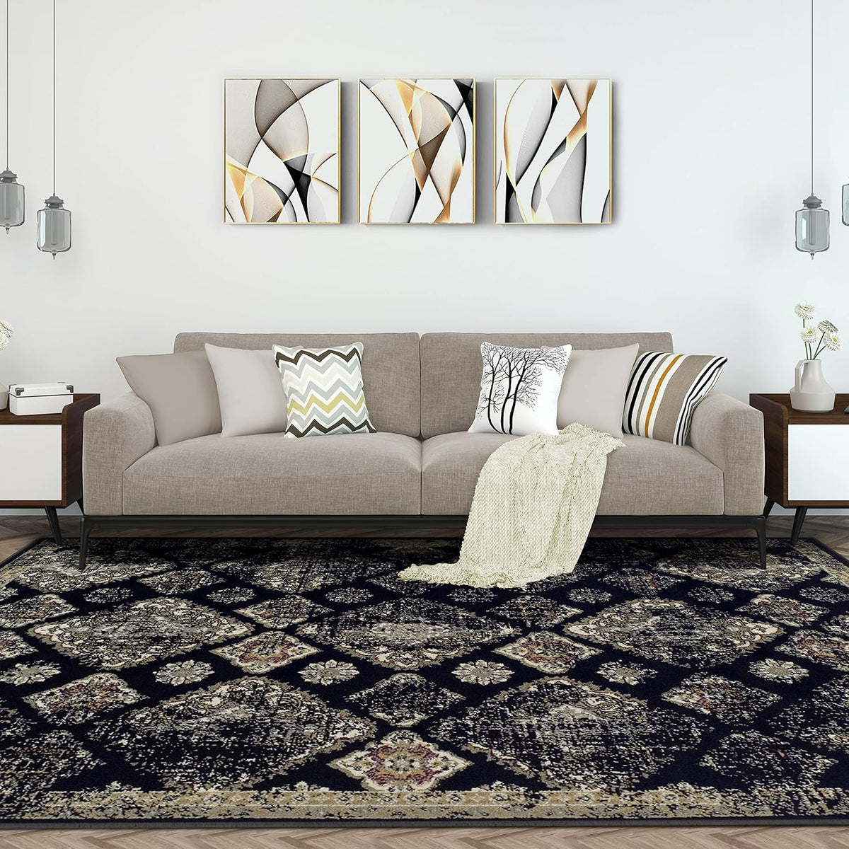 Mayfair Distressed Damask Indoor Area Rug or Runner Rug Or Door Mat - Black