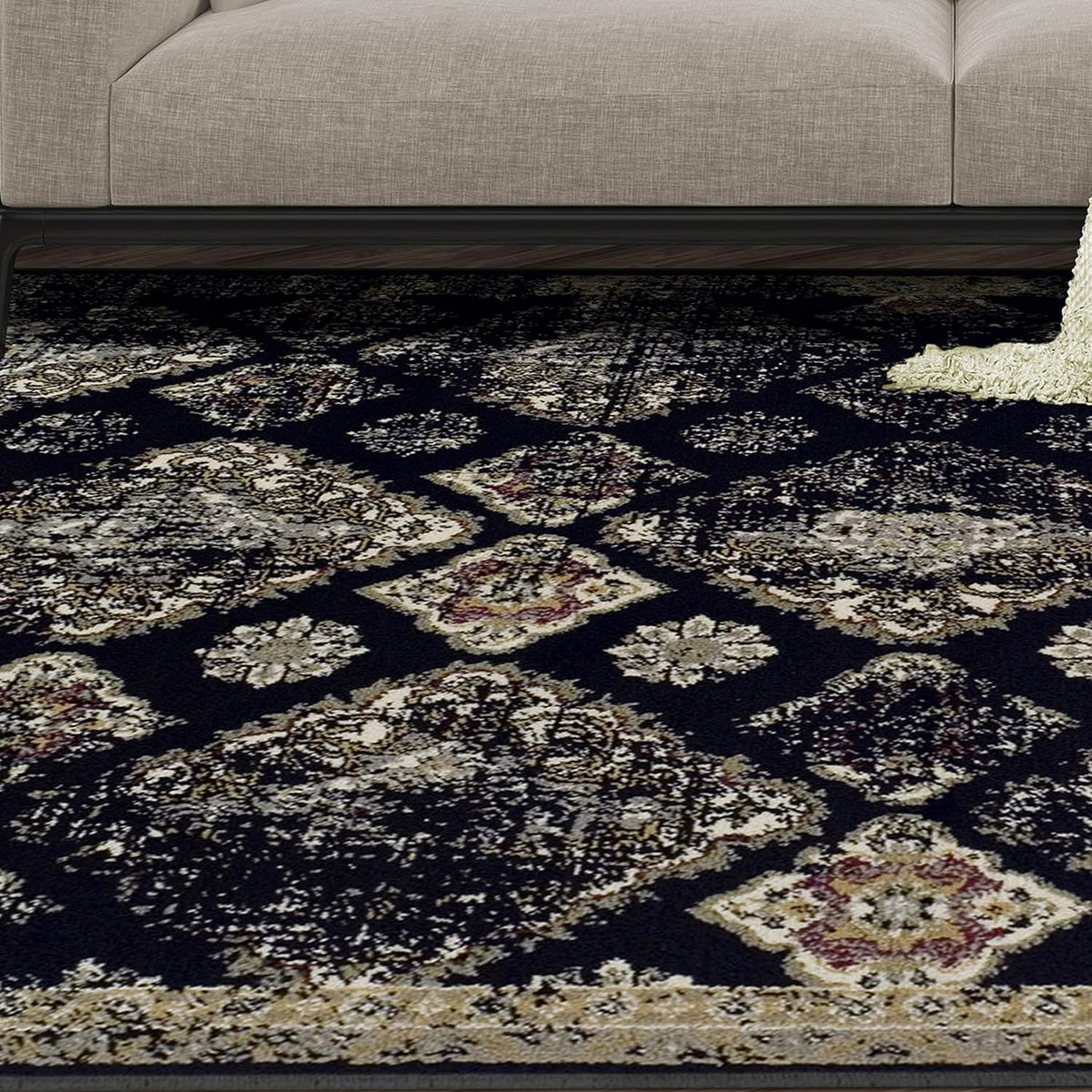 Mayfair Distressed Damask Indoor Area Rug or Runner Rug Or Door Mat - Black