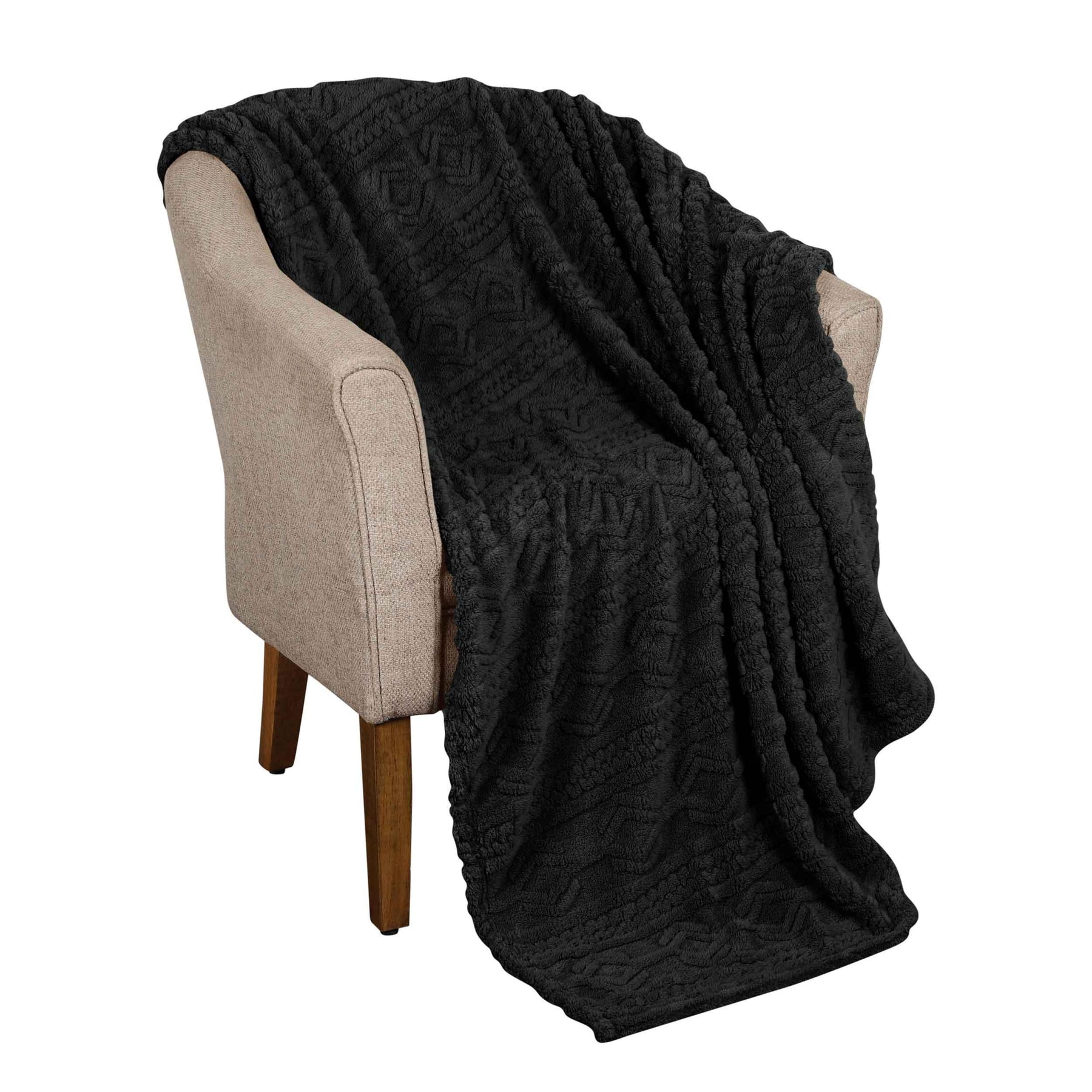 Arctic Boho Knit Jacquard Fleece Plush Medium Weight Fluffy Blanket - Black