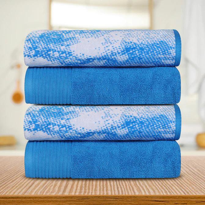 Cotton Marble Solid Jacquard Border Bath Towels Set of 4 - Blue