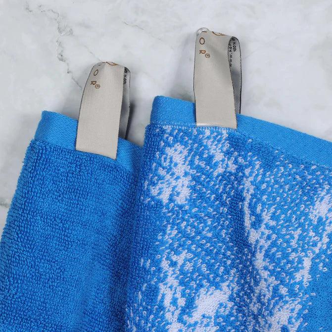 Cotton Marble Solid Jacquard Border Bath Towels Set of 4 - Blue