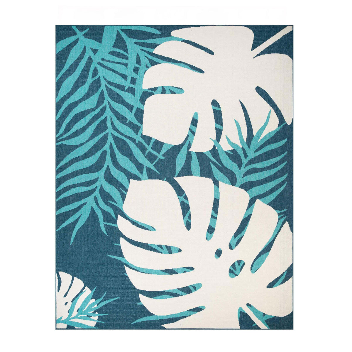 Waikiki Oversized Tropical Leaves Coastal Area Rug Indoor Outdoor Rugs - Blue-Green-Cream