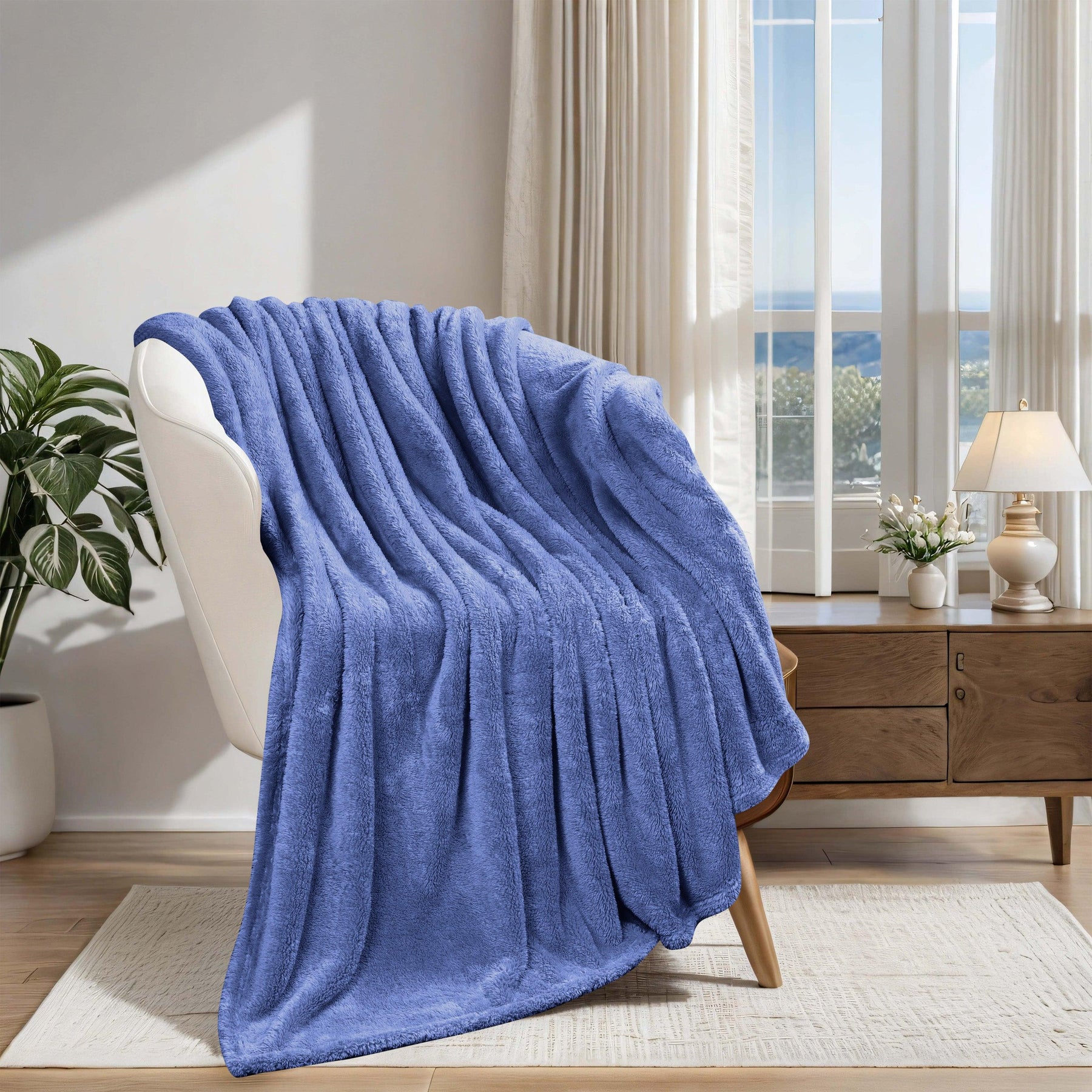 Fleece Plush Medium Weight Fluffy Soft Solid Decorative Blanket - Blue