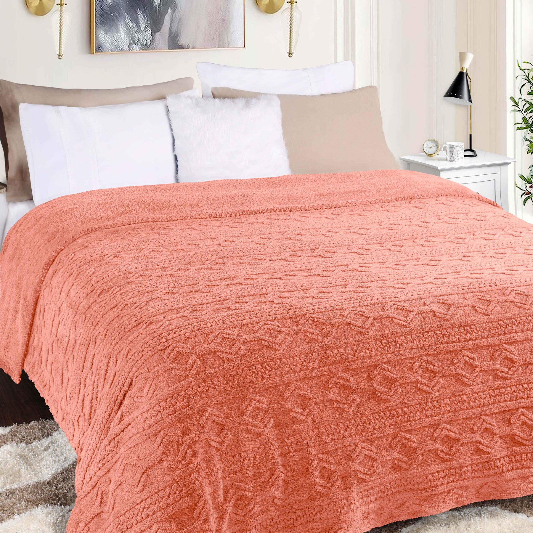 Arctic Boho Knit Jacquard Fleece Plush Medium Weight Fluffy Blanket - Blush