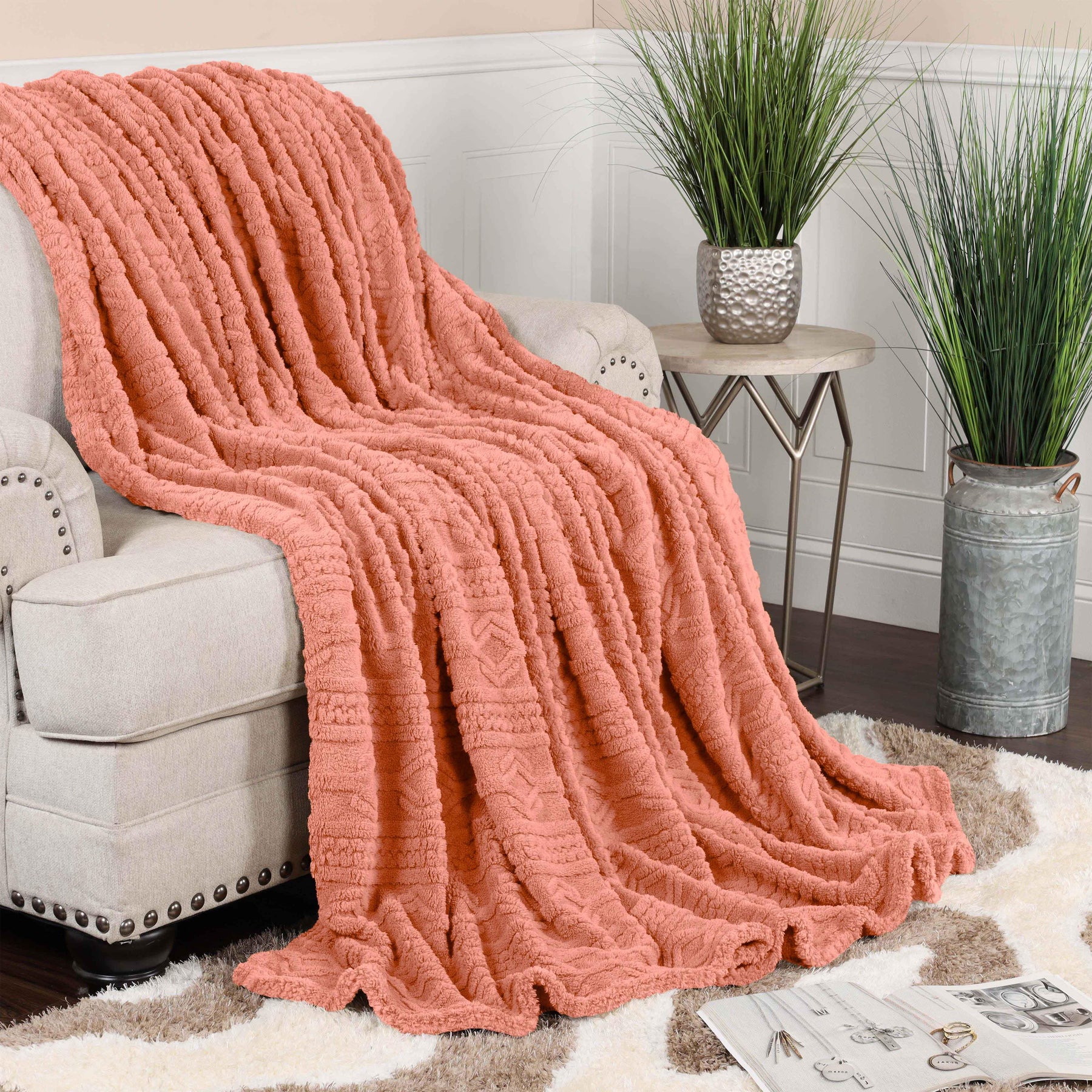 Arctic Boho Knit Jacquard Fleece Plush Medium Weight Fluffy Blanket - Blush