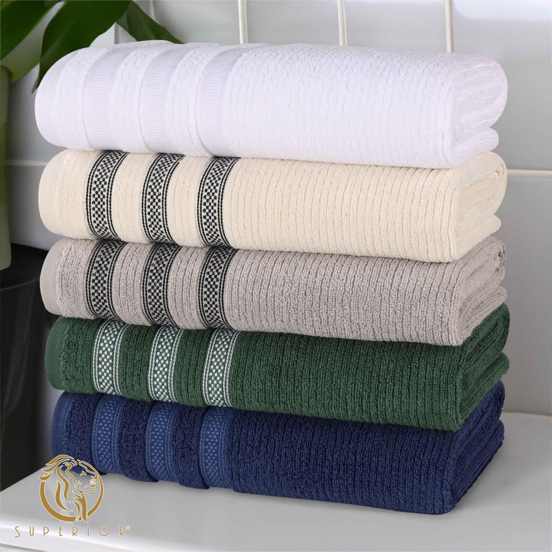 Zero Twist Cotton Ribbed Geometric Border Plush Hand Towel Set of 6 - Hand Towel by Superior - Superior 