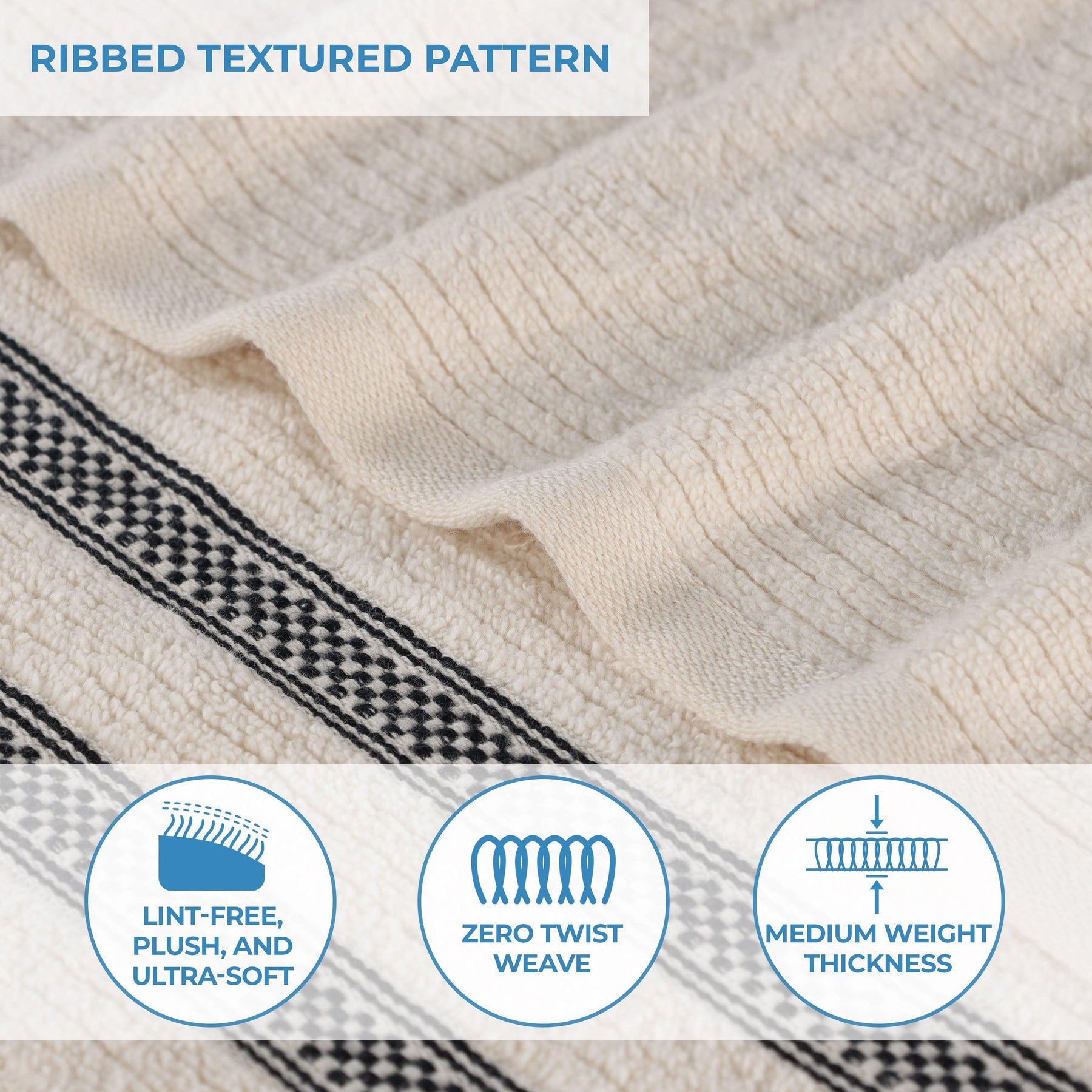 Zero Twist Cotton Ribbed Geometric Border Plush Hand Towel Set of 6 - Hand Towel by Superior - Superior 