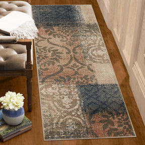 Bristol Distressed Abstract Damask Indoor Area Rug or Runner Rug - Midnight Navy-Salmon