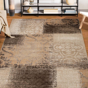 Bristol Distressed Abstract Damask Indoor Area Rug or Runner Rug - Beige-Camel