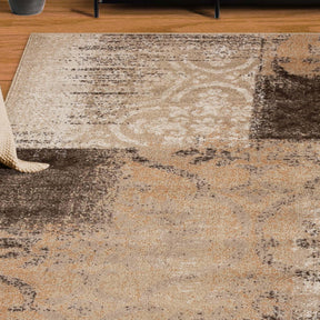 Bristol Distressed Abstract Damask Indoor Area Rug or Runner Rug - Beige-Camel