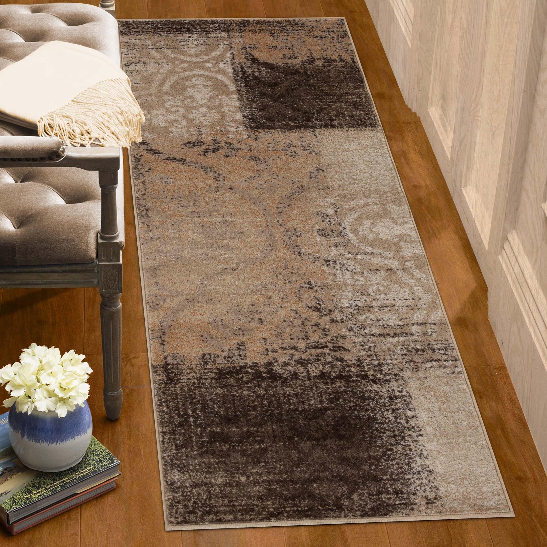 Bristol Distressed Abstract Damask Indoor Area Rug or Runner Rug - Beige-Camel