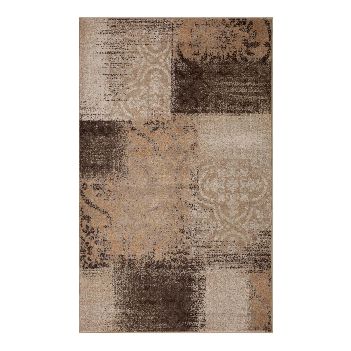 Bristol Distressed Abstract Damask Indoor Area Rug or Runner Rug - Beige-Camel