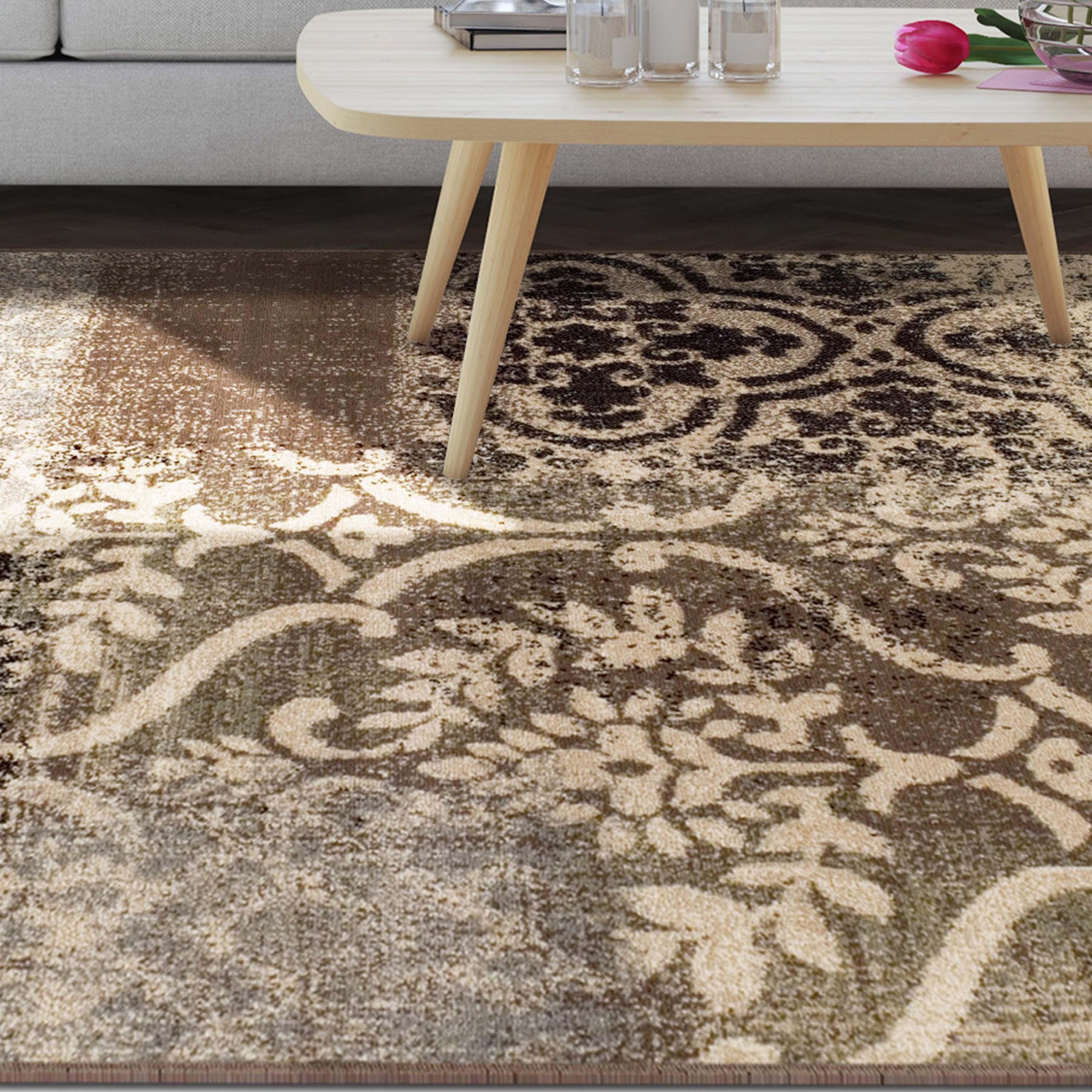 Bristol Distressed Abstract Damask Indoor Area Rug or Runner Rug - Ivory-LightBlue