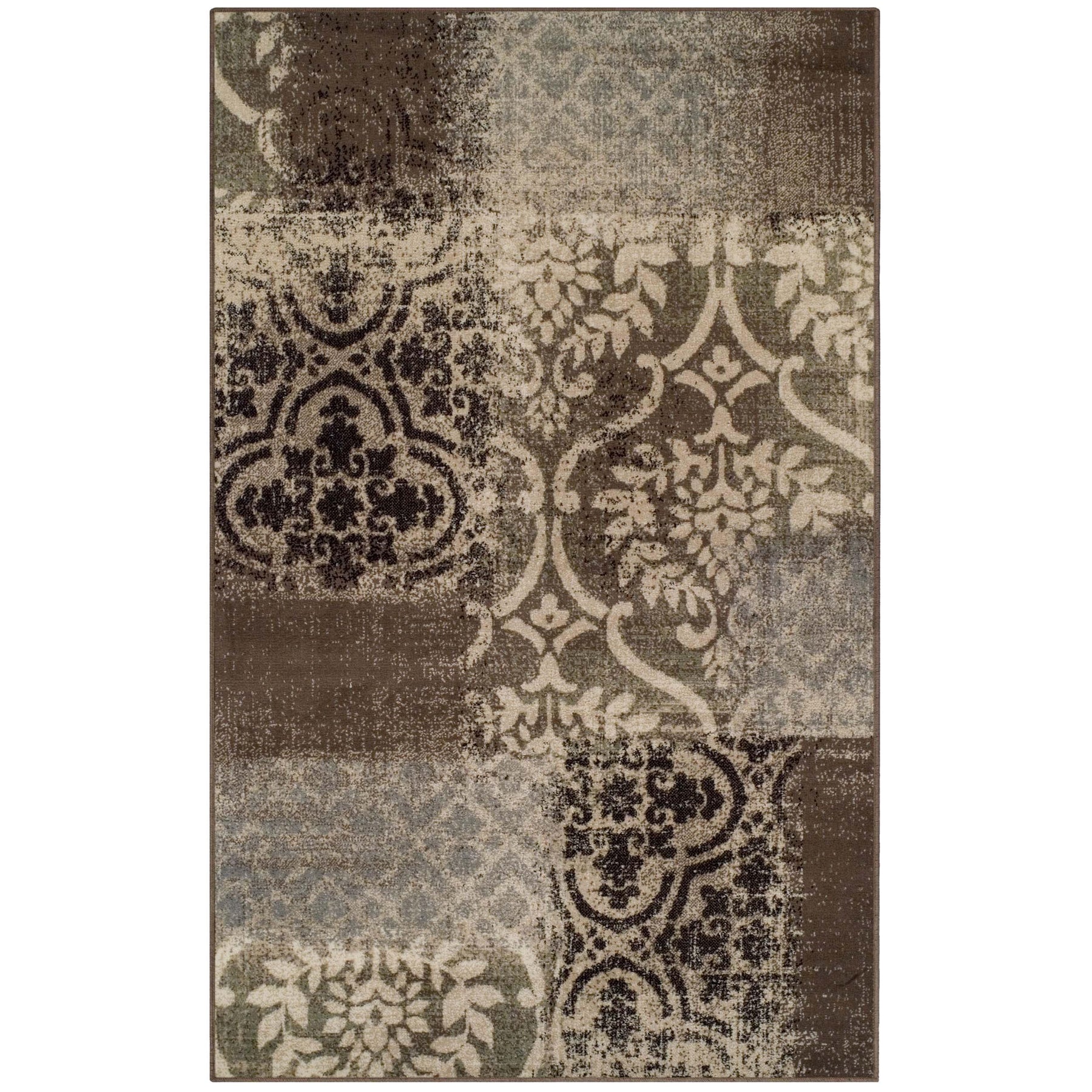 Bristol Distressed Abstract Damask Indoor Area Rug or Runner Rug - Ivory-LightBlue