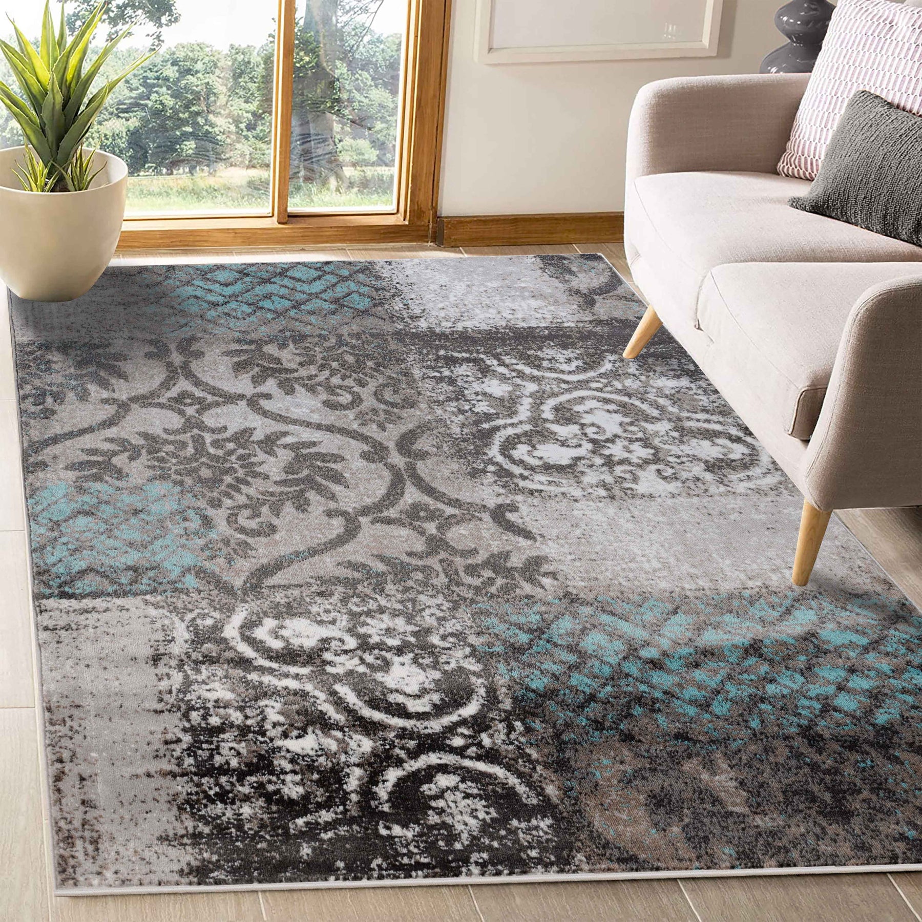 Bristol Distressed Abstract Damask Indoor Area Rug or Runner Rug - Rivulet