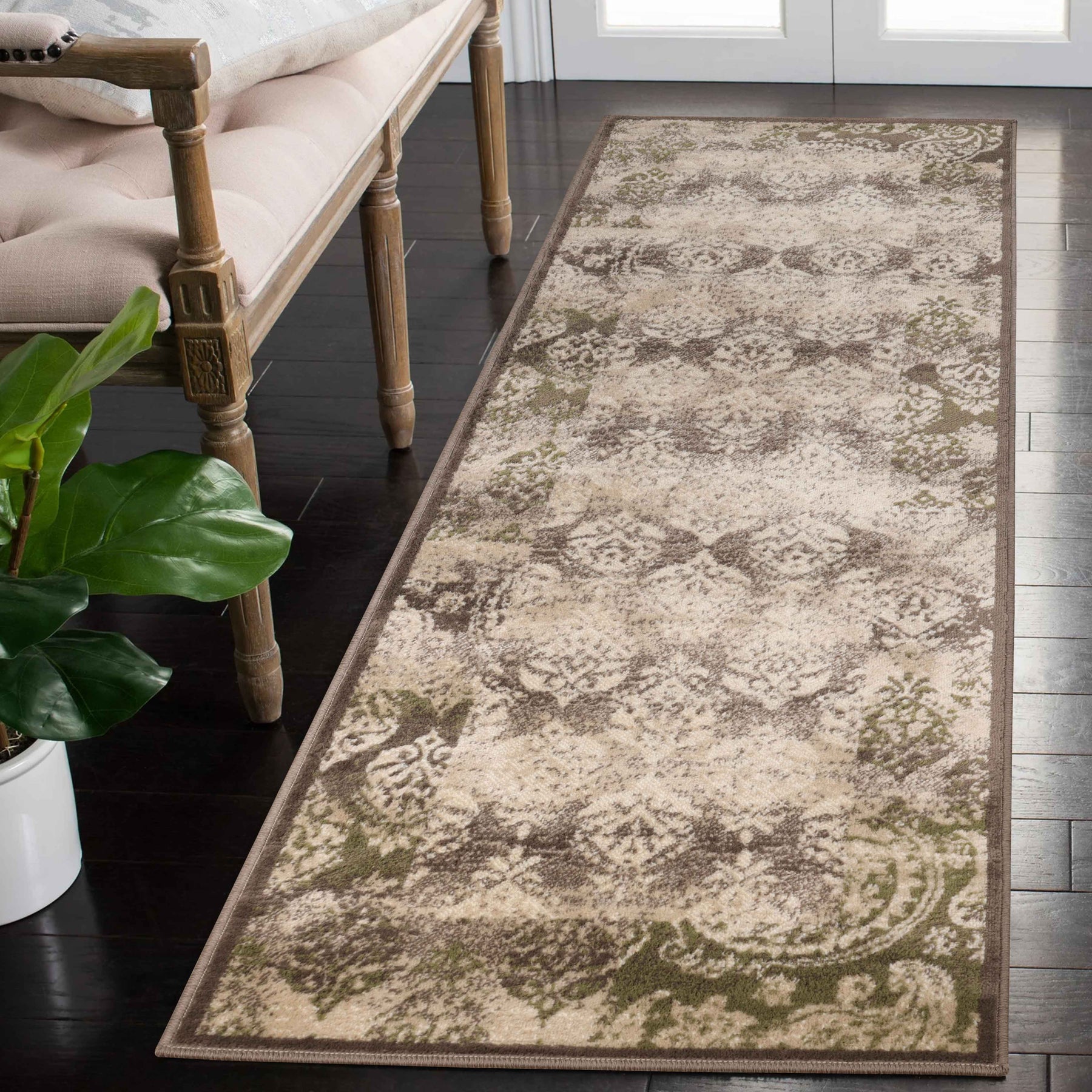 Mystique Distressed Damask Indoor Area Rug Or Runner Rug - Brown