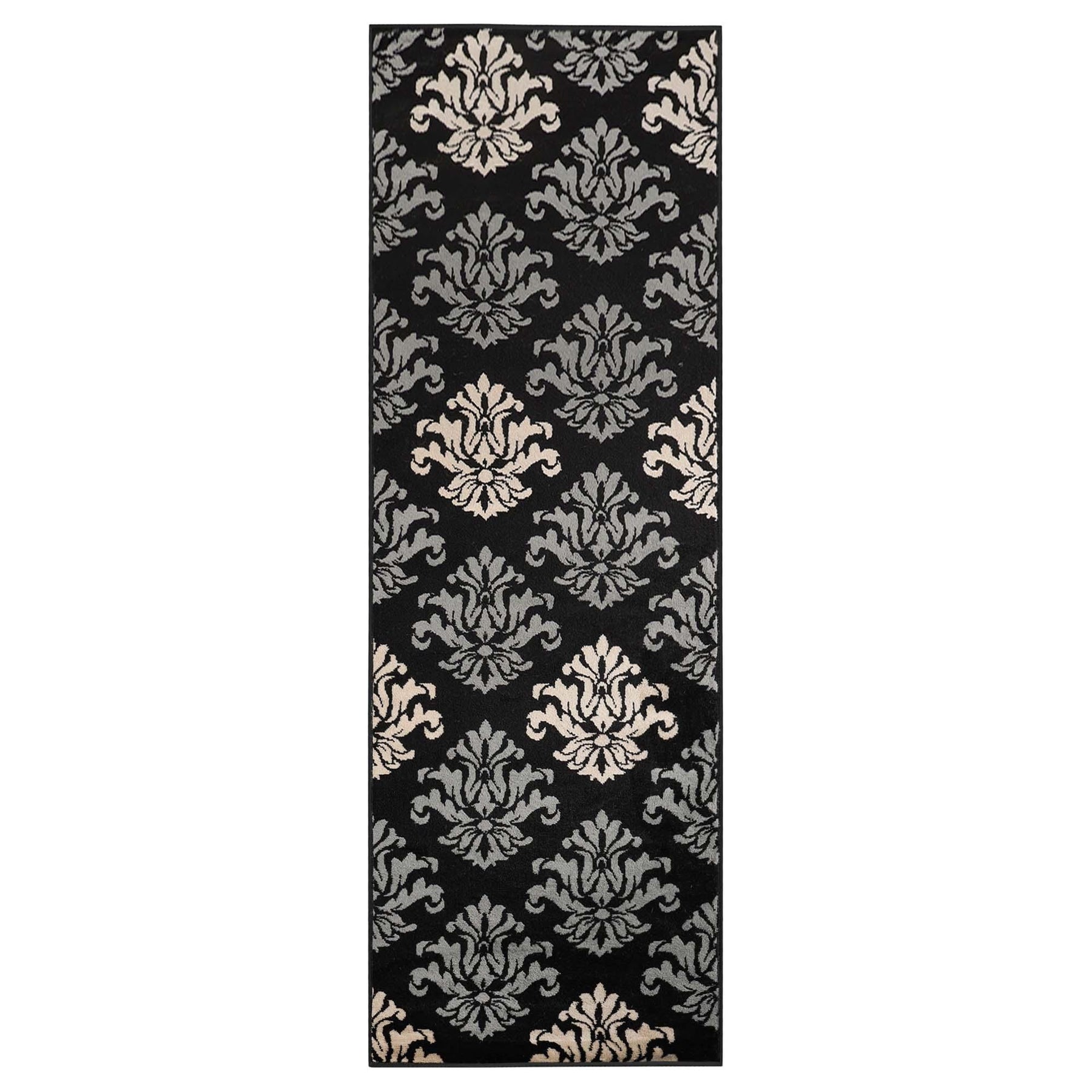 Casper Damask Floral Area Rug Or Runner Rug - Black