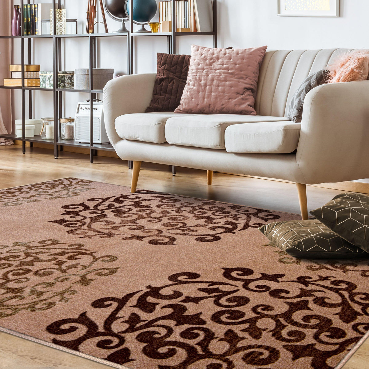 Amber Floral Scroll Medallion Non-Slip Washable Indoor Area Rug or Runner - Camel