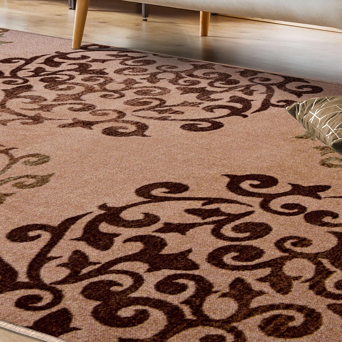 Amber Floral Scroll Medallion Non-Slip Washable Indoor Area Rug or Runner - Camel