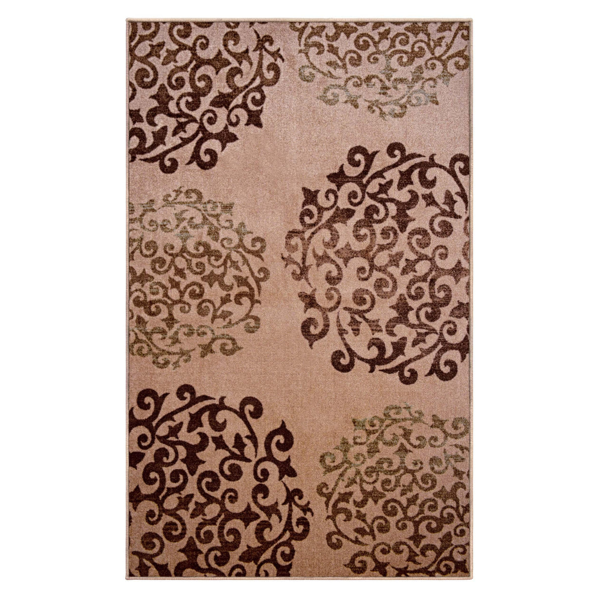 Amber Floral Scroll Medallion Non-Slip Washable Indoor Area Rug or Runner - Camel