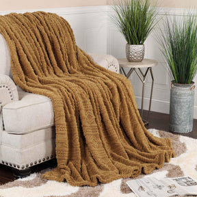 Arctic Boho Knit Jacquard Fleece Plush Medium Weight Fluffy Blanket - Camel