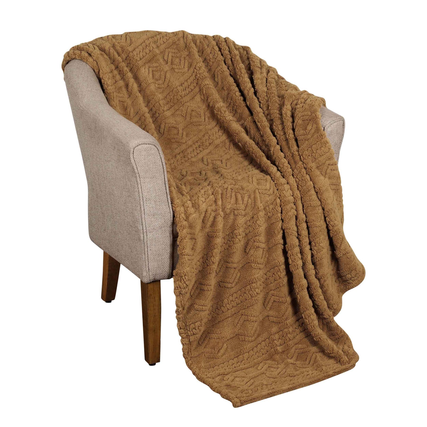 Arctic Boho Knit Jacquard Fleece Plush Medium Weight Fluffy Blanket - Camel