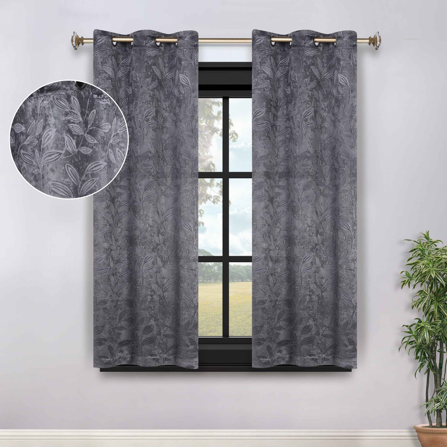 Leaves Room Darkening Grommet Blackout Curtain Panels, Set of 2 - Charcoal