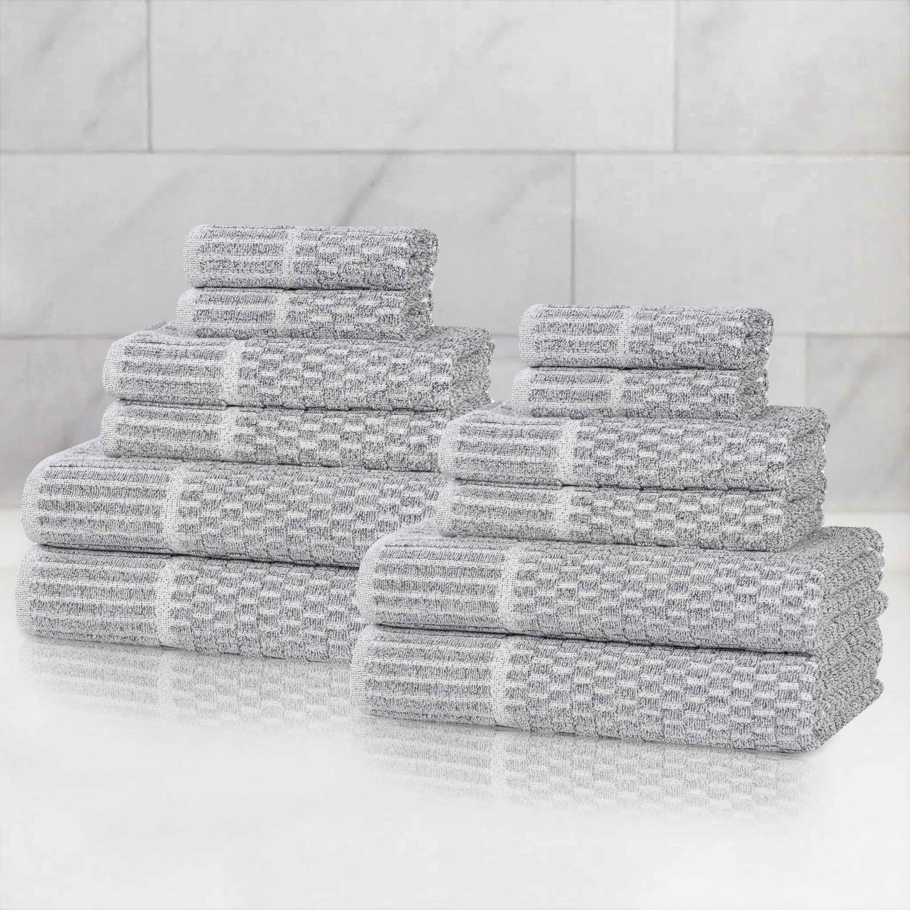 Juno Cotton Blend Textured Checkered Ribbed Border 12 Piece Towel Set