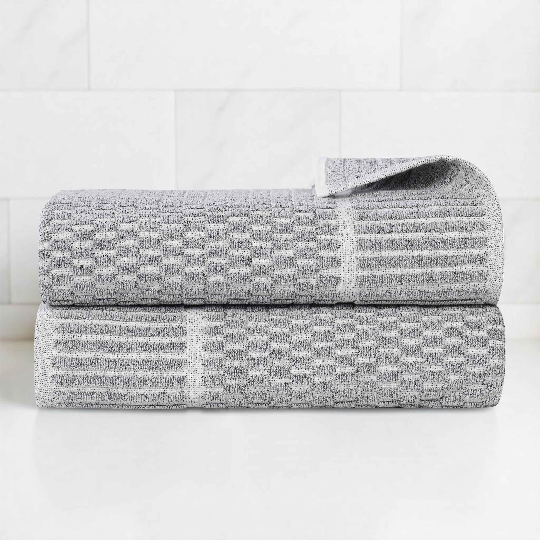 Juno Cotton Blend Textured Checkered Ribbed Border Bath Towels, Set of 2