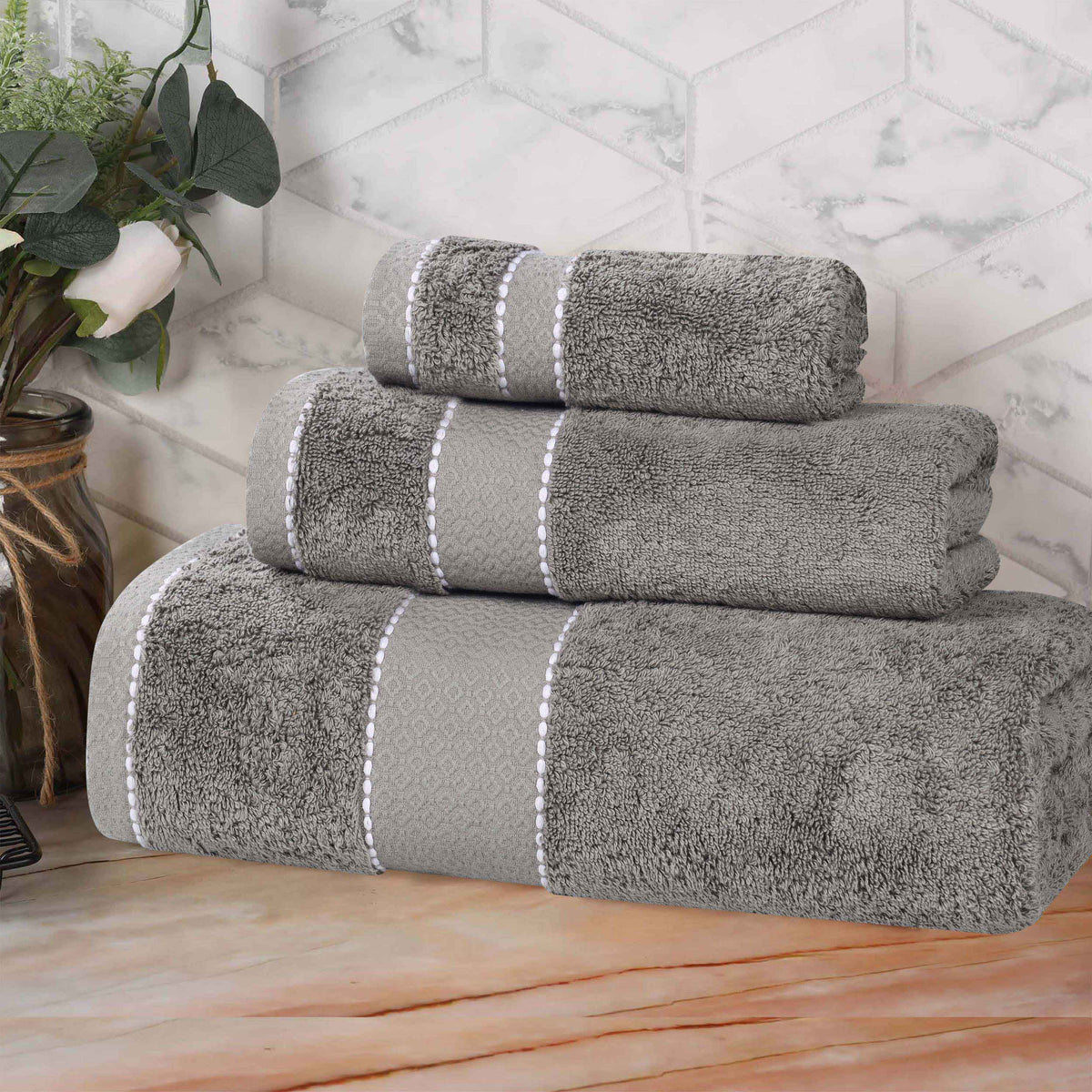 Niles Egyptian Giza Cotton Plush Heavyweight Soft 3 Piece Towel Set - Charcoal