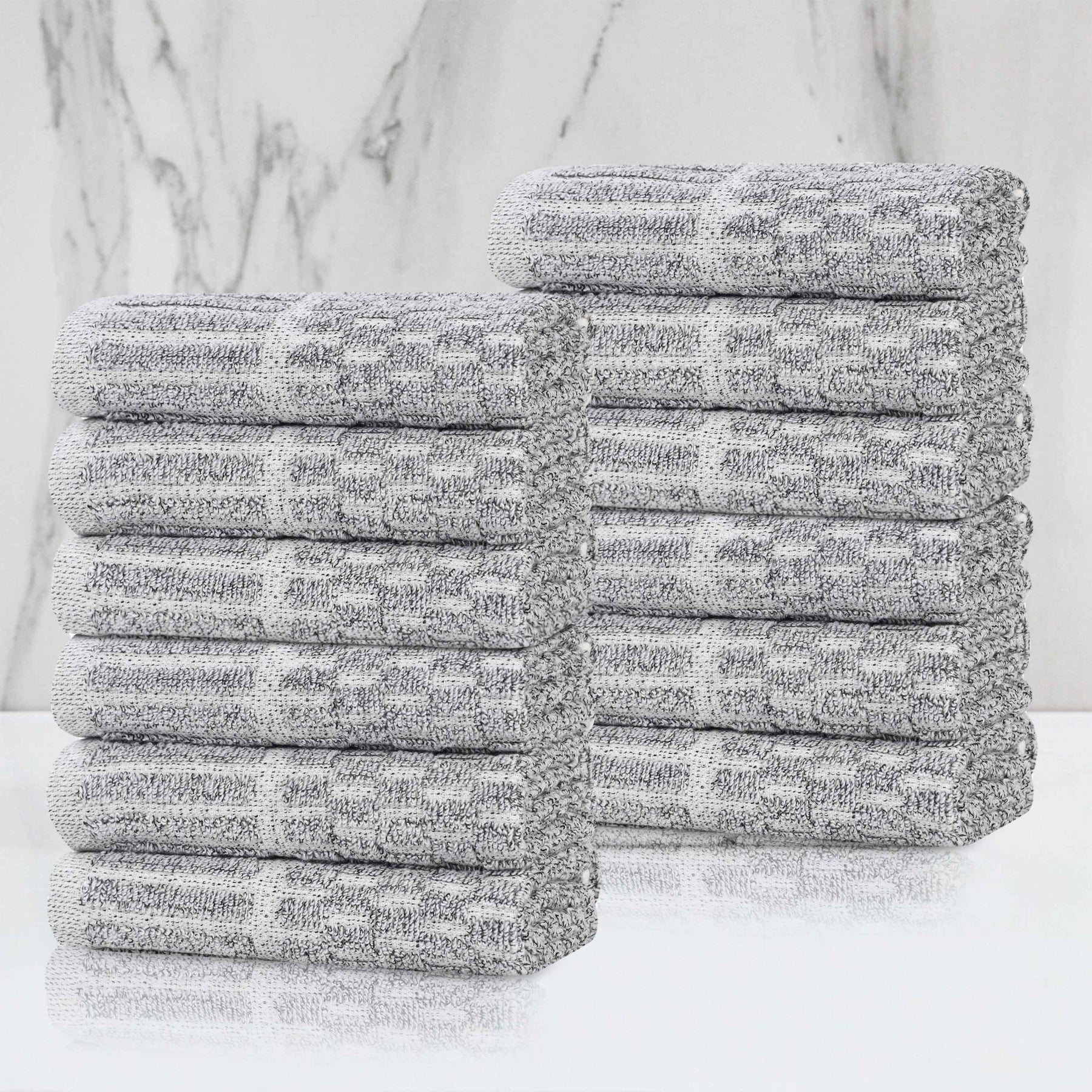 Juno Cotton Blend Checkered Ribbed Border Face Towels Washcloths, Set of 12