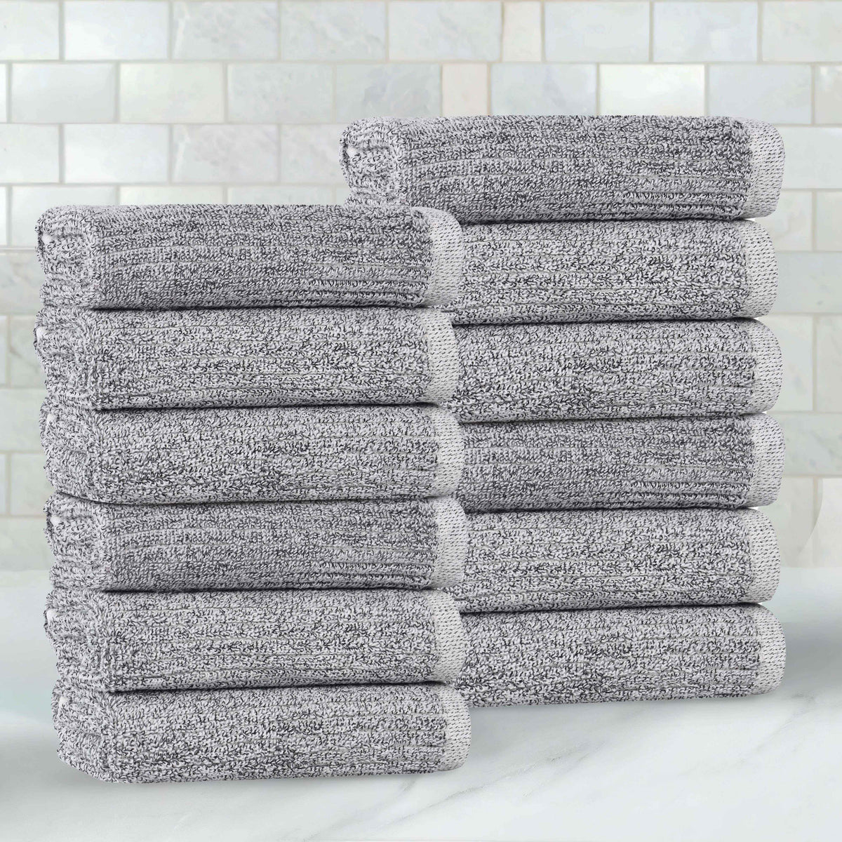 Destin Cotton Blend Textured Ribbed Face Towels Washcloths, Set of 12