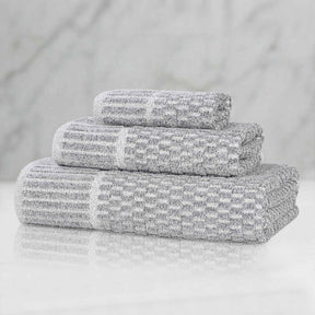 Juno Cotton Blend Textured Checkered Ribbed Border 3 Piece Towel Set