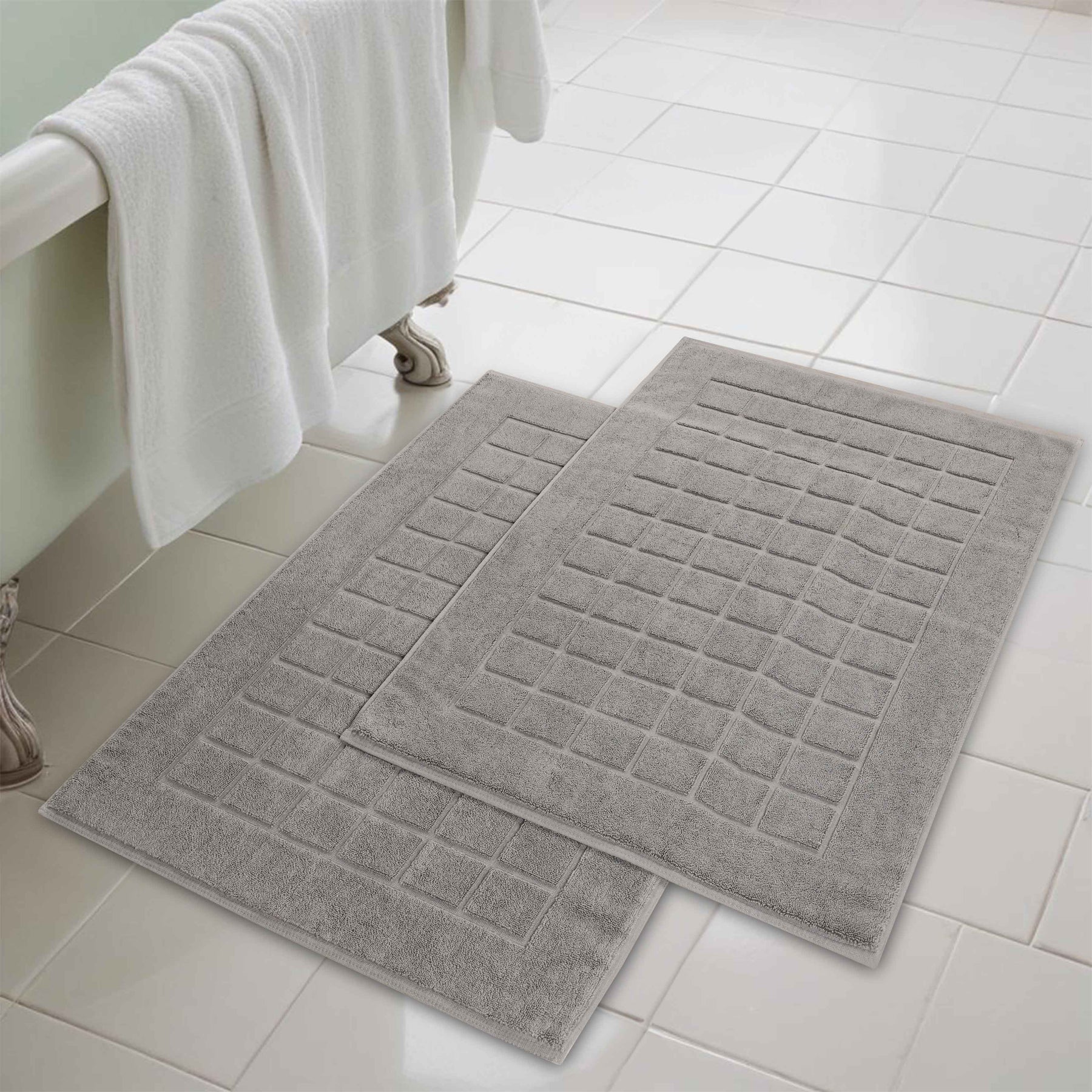 Nora Cotton Solid Absorbent Thick Checkered Washable Bath Mat Set of 2