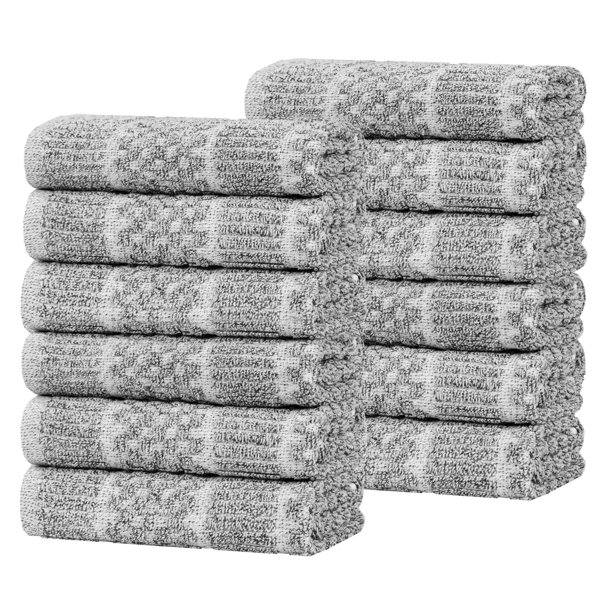 Naples Cotton Blend Checkered Ribbed Face Towels Washcloths, Set of 12