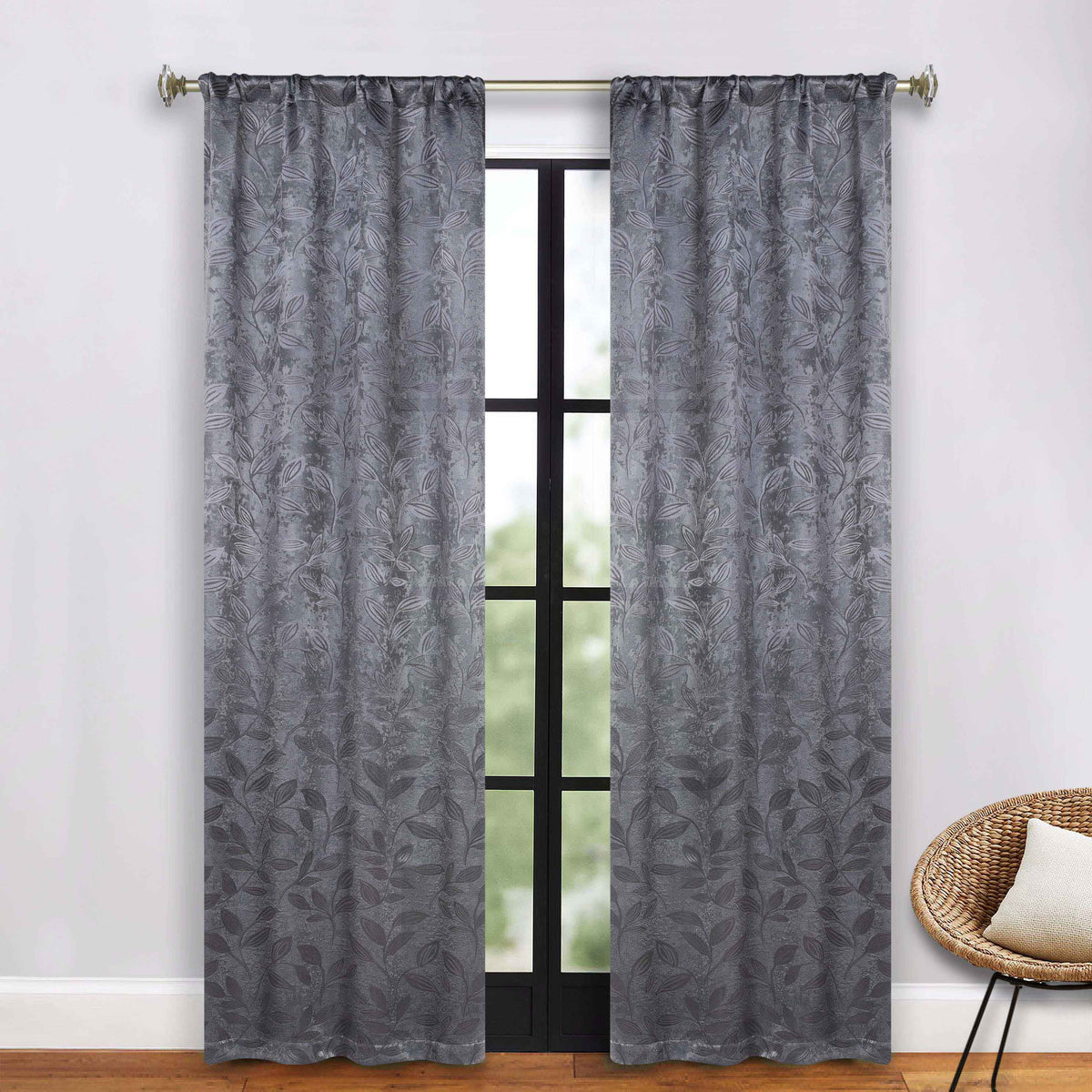 Leaves Room Darkening Grommet Rod Pocket Curtain Panels, Set of 2 - Charcoal