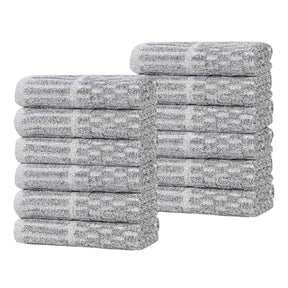 Juno Cotton Blend Checkered Ribbed Border Face Towels Washcloths, Set of 12