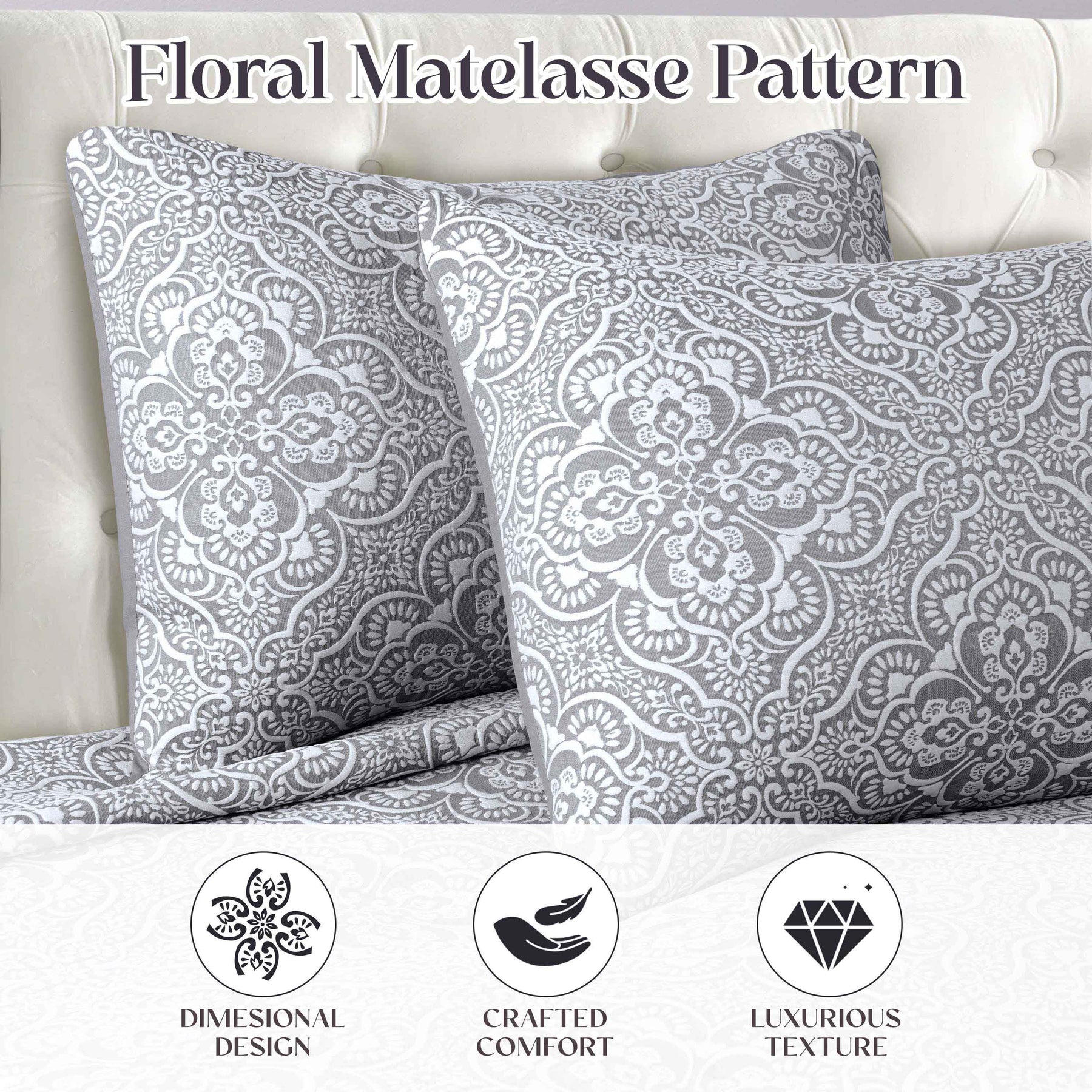 Enzy Medium Weight Floral Matelasse 3 Piece Bedspread Pillow Sham Set