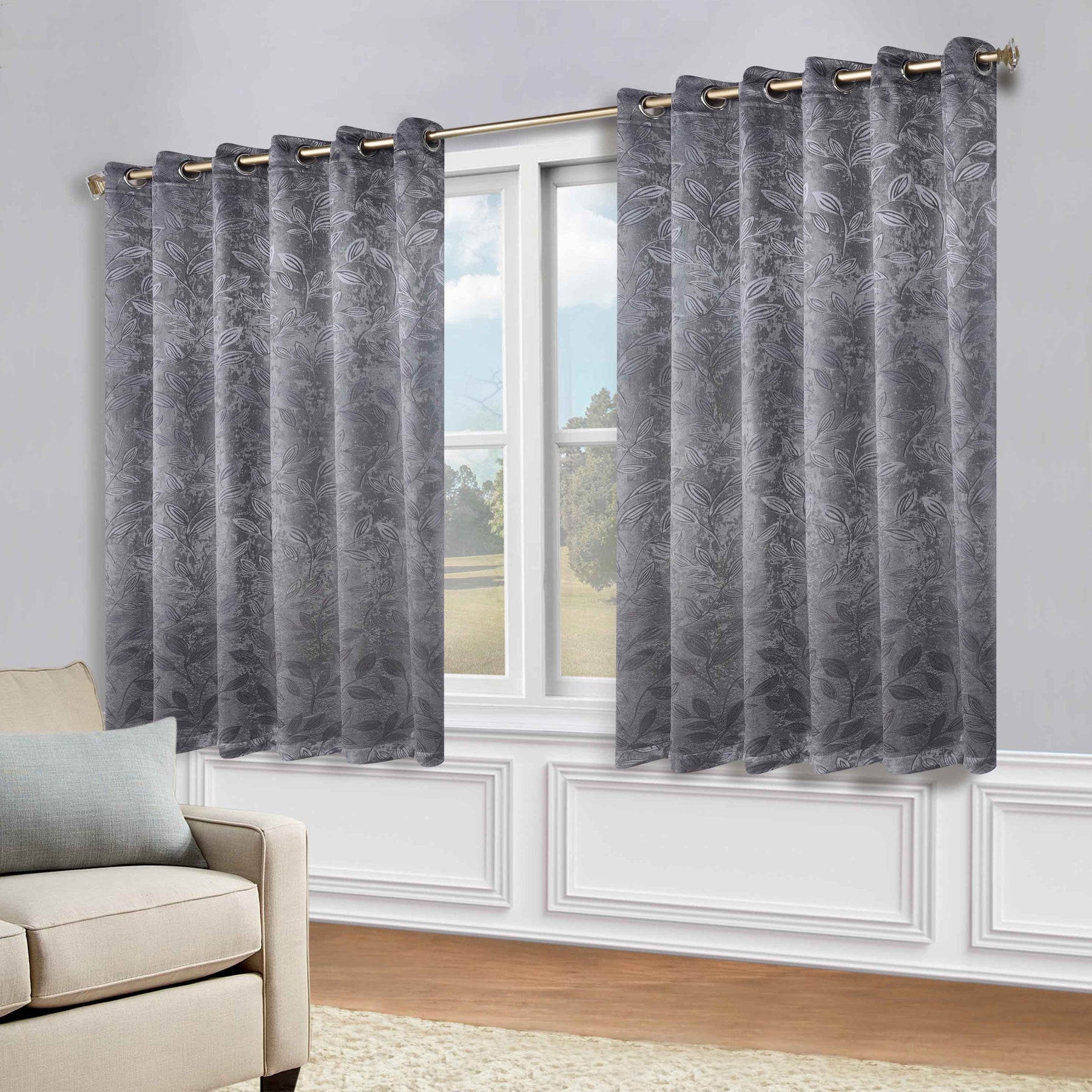 Leaves Room Darkening Grommet Blackout Curtain Panels, Set of 2 - Charcoal