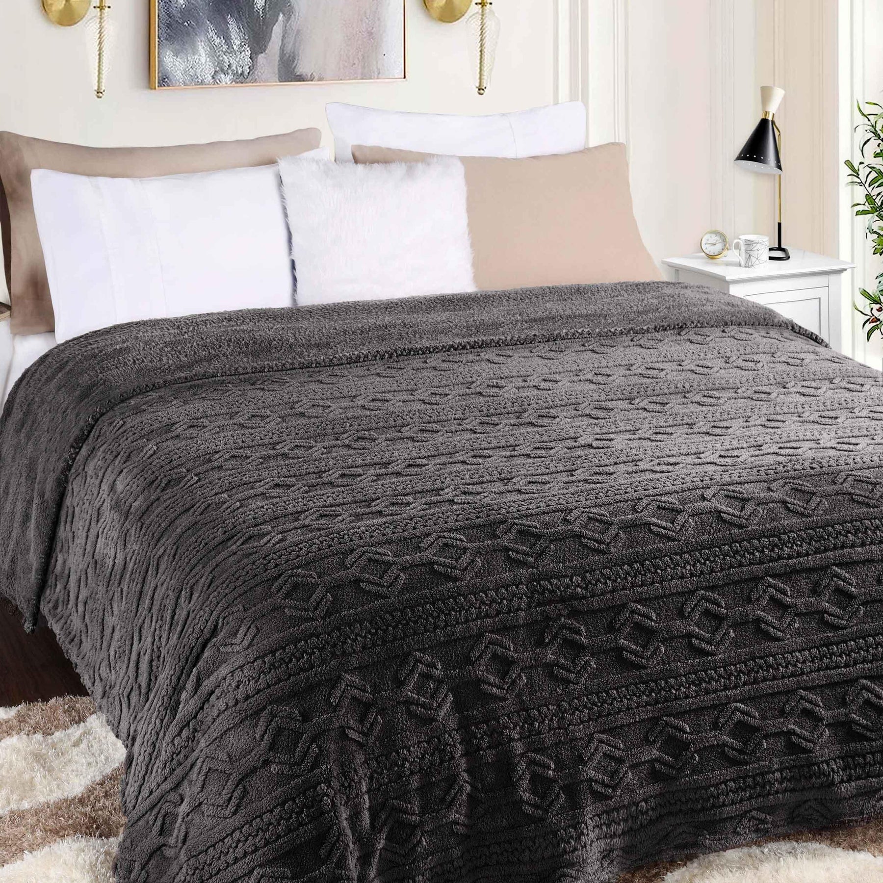 Arctic Boho Knit Jacquard Fleece Plush Medium Weight Fluffy Blanket - Charcoal