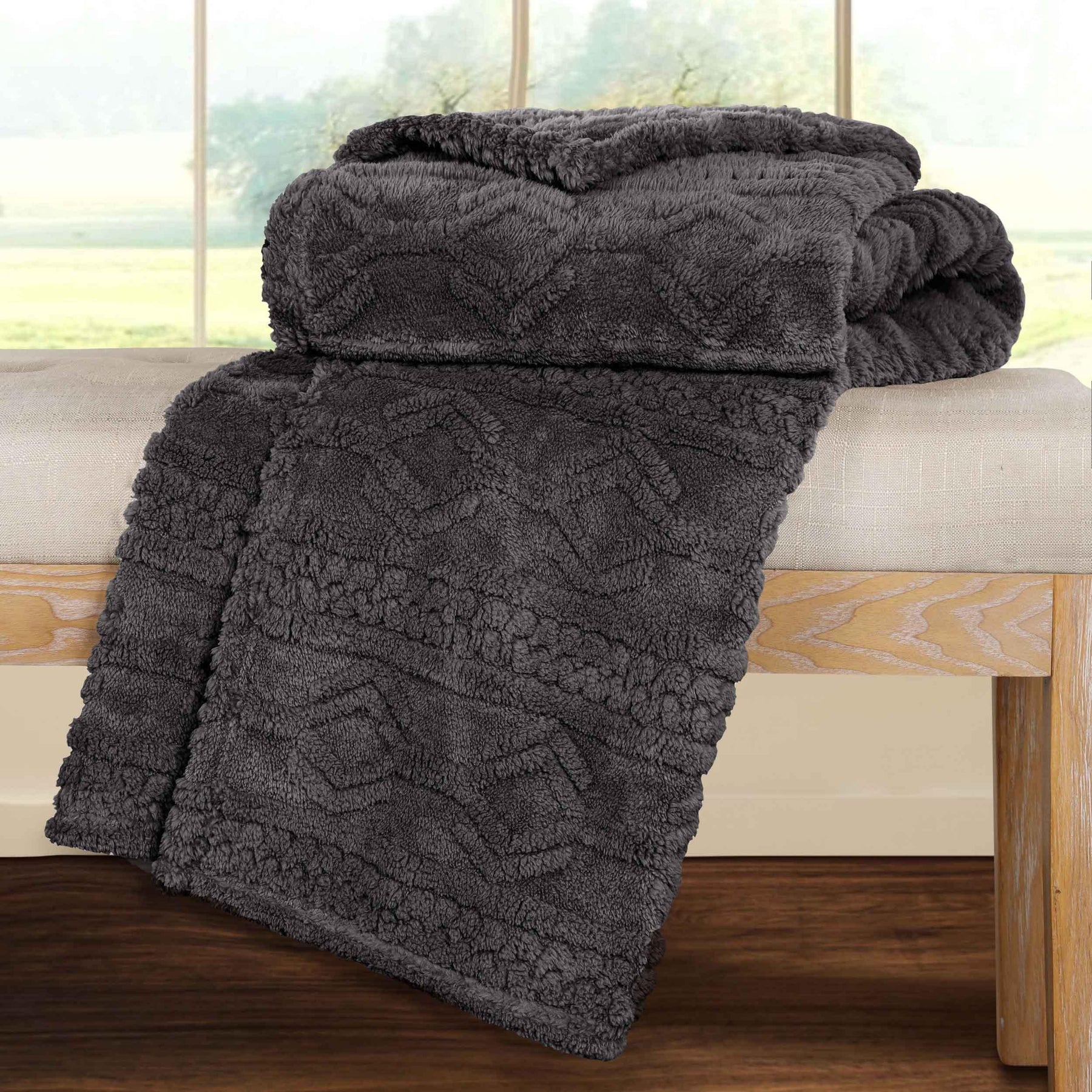 Arctic Boho Knit Jacquard Fleece Plush Medium Weight Fluffy Blanket - Charcoal