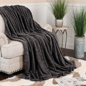 Arctic Boho Knit Jacquard Fleece Plush Medium Weight Fluffy Blanket - Charcoal