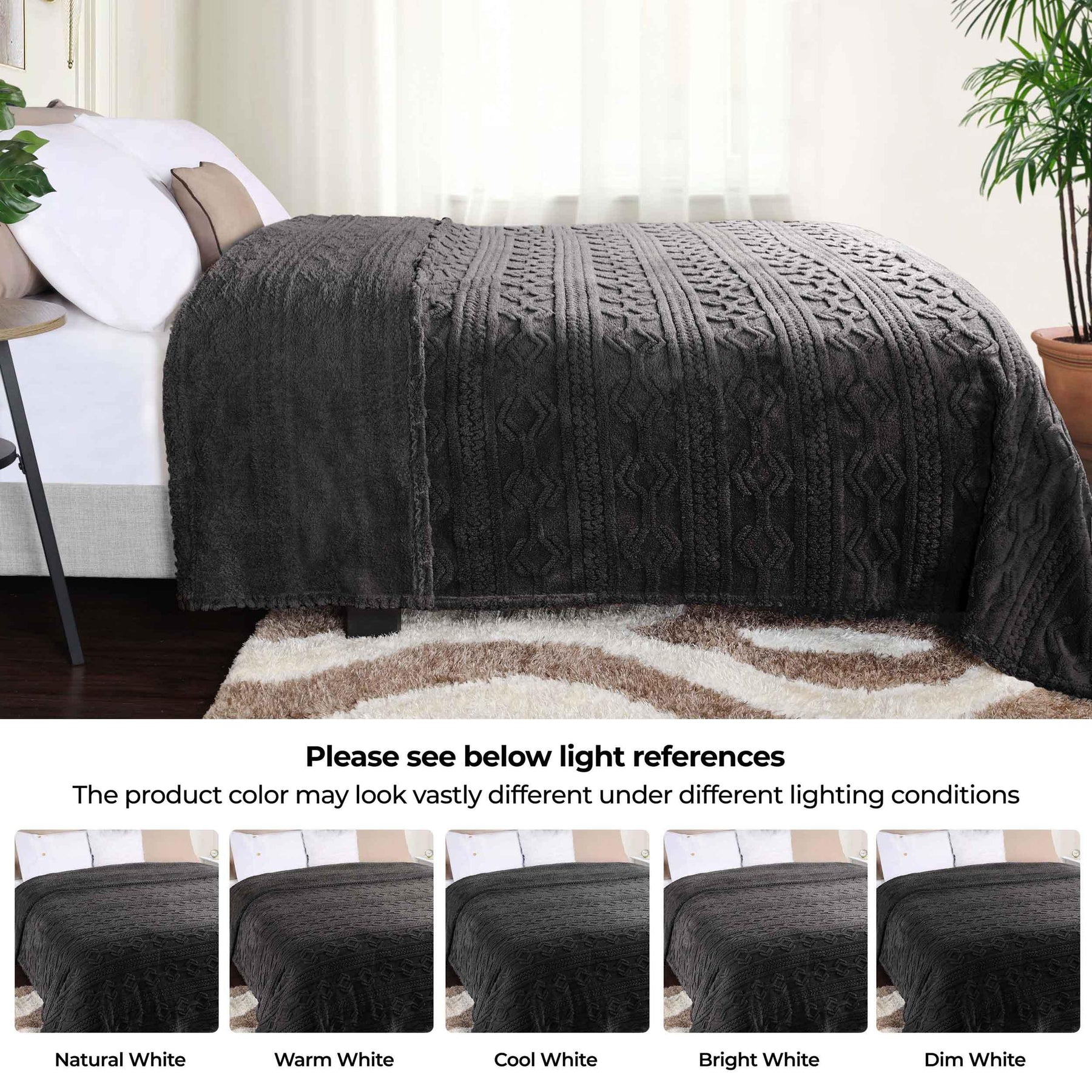 Arctic Boho Knit Jacquard Fleece Plush Medium Weight Fluffy Blanket - Charcoal