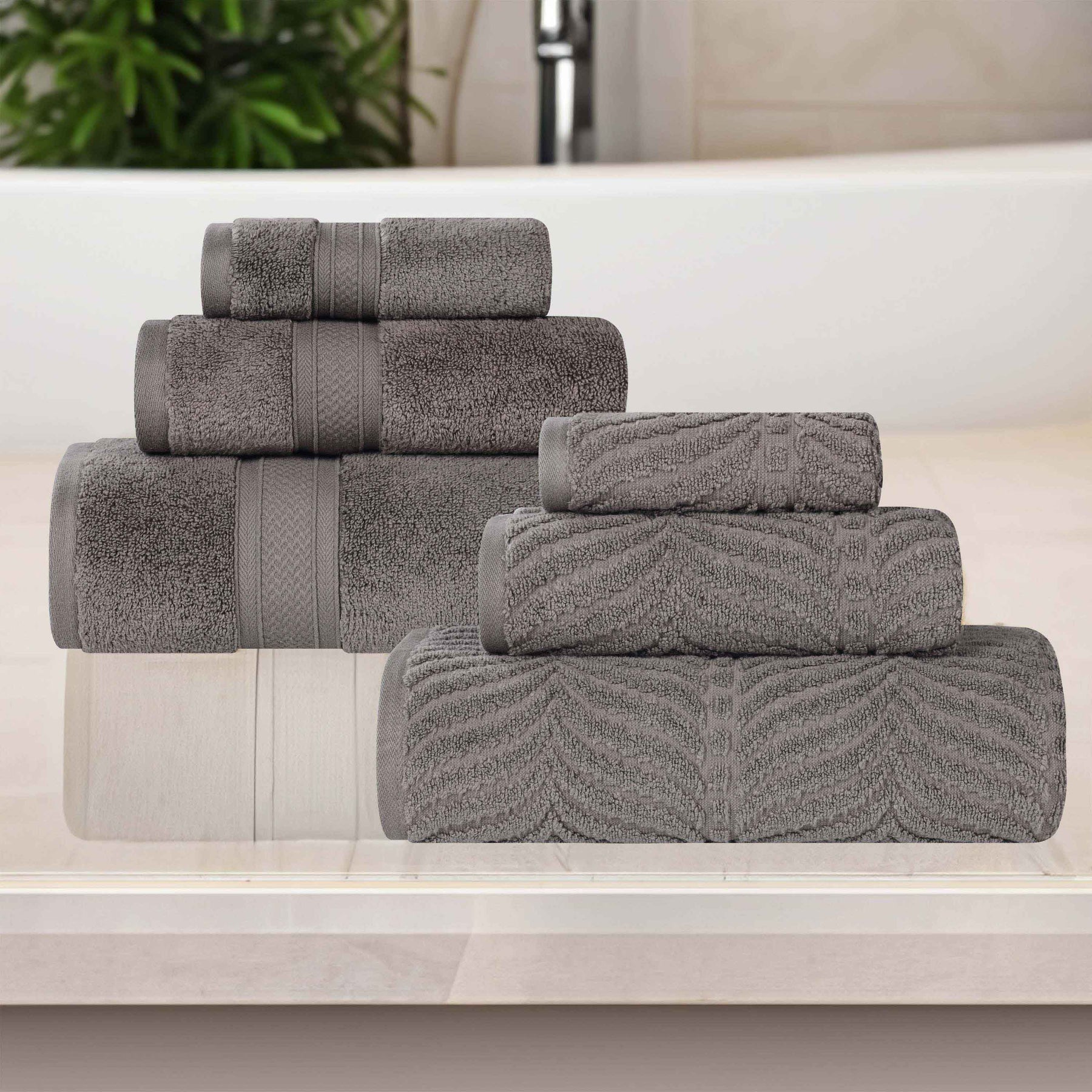 Chevron Zero Twist Solid and Jacquard Soft Cotton 6 Piece Towel Set